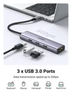 UGREEN USB-C to 3×USB3.0 Hub+RJ45 (1000M) Ethernet Adapter - Image 2