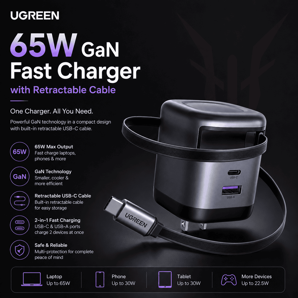 UGREEN 65W GaN Fast Charger with Retractable Cable UGREEN 65W GaN Fast Charger